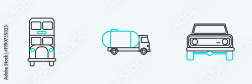 Set line Off road car, Double decker bus and Tanker truck icon. Vector