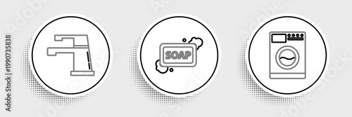 Set line Washer, Water tap and Bar of soap with foam icon. Vector