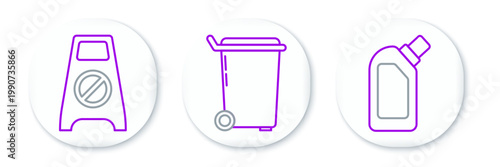 Set line Plastic bottles for liquid dishwashing liquid, Wet floor and cleaning progress and Trash can icon. Vector