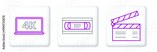 Set line Movie clapper, Laptop screen with 4k video technology and VHS cassette tape icon. Vector