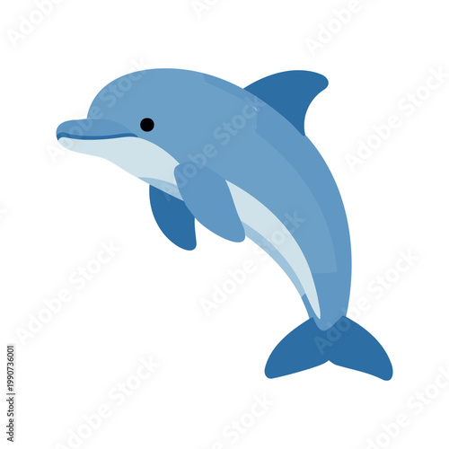 Cute cartoon dolphin gracefully leaps upwards out of the water on a white background