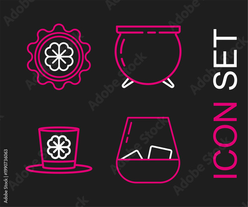 Set line Glass of whiskey, Leprechaun hat and four leaf clover, Witch cauldron and Bottle cap with icon. Vector