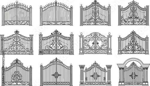 Ornate Gate Icon Set Featuring Decorative Wrought Iron Fencing and Entrances for Architecture and Luxury Designs