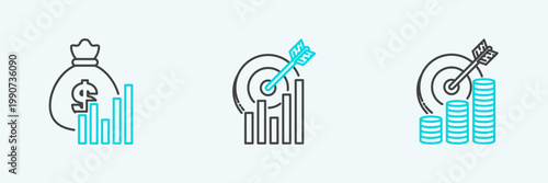 Set line Target with coin symbol, Money bag and diagram graph and chart icon. Vector