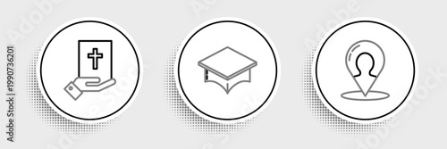 Set line Map marker with a silhouette of a person, Oath the Holy Bible and Graduation cap icon. Vector
