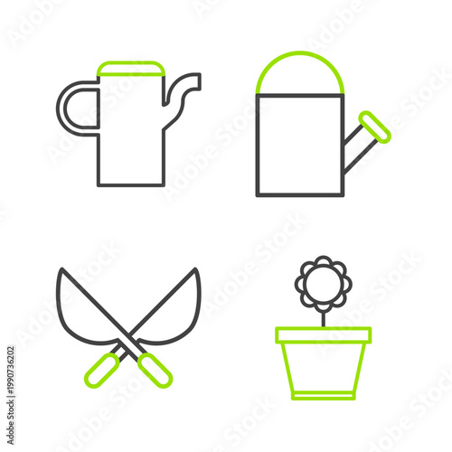 Set line Flower in pot, Gardening handmade scissors, Watering can and icon. Vector