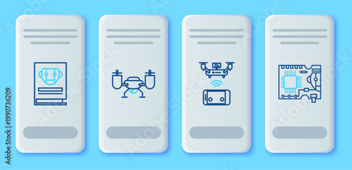 Set line Drone flying with action camera, Remote aerial drone, User manual and Printed circuit board PCB icon. Vector