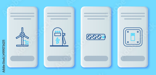Set line Electric car charging station, extension cord, Wind turbine and light switch icon. Vector