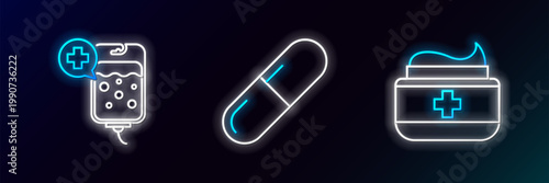 Set line Ointment cream tube medicine, IV bag and Medicine pill or tablet icon. Glowing neon. Vector