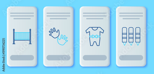 Set line Baby hands print, clothes, crib cradle bed and Wax crayons for drawing icon. Vector