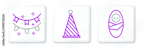 Set line Newborn baby infant swaddled, Carnival garland with flags and Party hat icon. Vector