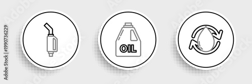 Set line Oil drop, Gasoline pump nozzle and Canister for motor machine oil icon. Vector