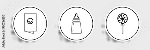 Set line Lollipop, Baby shower invitations card, poster and bottle icon. Vector