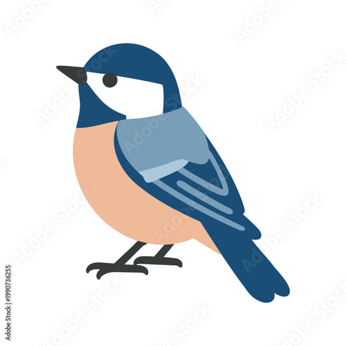 Cute great tit perches with its black beak visible in a simple illustration