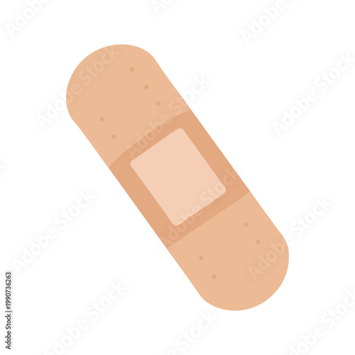 Simple beige bandage or sticking plaster is seen on a white background