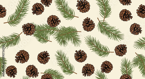 Evergreen branches and pinecones in a repeating pattern