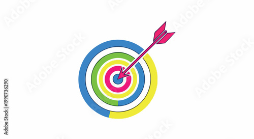 A colorful target with an arrow striking near the center bullseye