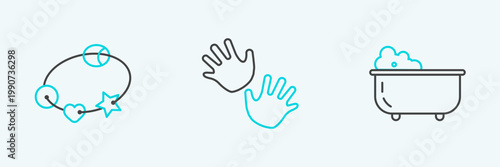 Set line Baby bathtub, Rattle baby toy and hands print icon. Vector