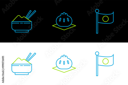 Set line National flag of Japan on pole, Rice in bowl with chopstick and Khinkali cutting board icon. Vector