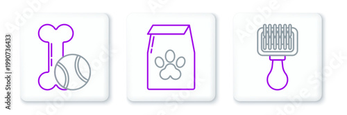 Set line Hair brush for dog and cat, Pet toys bone rubber ball and Bag of food pet icon. Vector