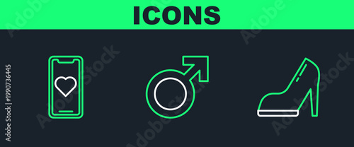Set line Woman shoe with high heel, Mobile phone heart and Male gender symbol icon. Vector