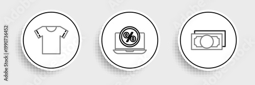 Set line Stacks paper money cash, T-shirt and Percent discount and laptop icon. Vector