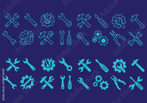 Tools and Service icons set. Wrench, screwdriver and gear icon. Screwdriver and wrench glyph icon. Settings and repair, service sign - stock vector.