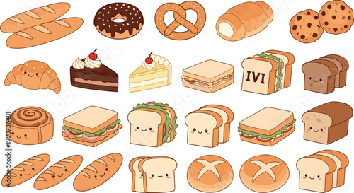 Large collection of cute bakery and bread characters including croissant baguette sandwich cake donut and cookies isolated on white background vector illustration