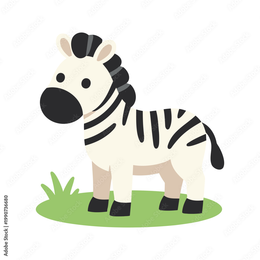 Fototapeta premium Cute cartoon zebra standing on the grass in a simple design