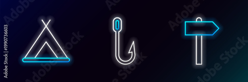Set line Road traffic signpost, Tourist tent and Fishing hook icon. Glowing neon. Vector