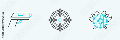 Set line Medieval shield with crossed axes, Pistol or gun and Target sport icon. Vector