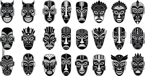 Tribal Mask Icon Set Featuring Black and White African-Inspired Designs for Cultural and Ethnic Art Projects