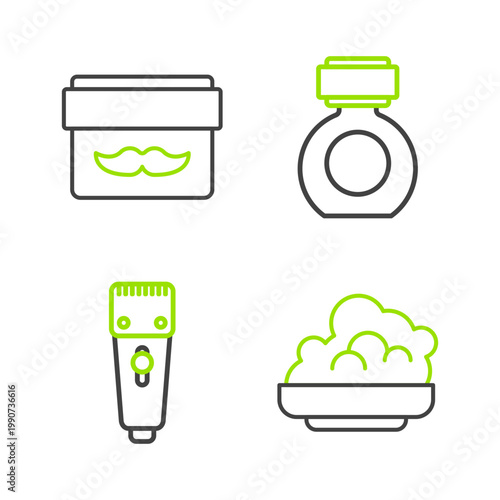 Set line Shaving gel foam, Electrical hair clipper or shaver, Aftershave and Cream lotion cosmetic jar icon. Vector