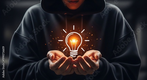 Wallpaper Mural Person in black hoodie holds glowing light bulb with Idea concept in hands Torontodigital.ca