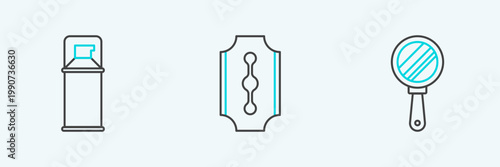 Set line Hand mirror, Shaving gel foam and Blade razor icon. Vector