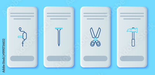 Set line Metallic nail, Scissors, Hand drill and Claw hammer icon. Vector
