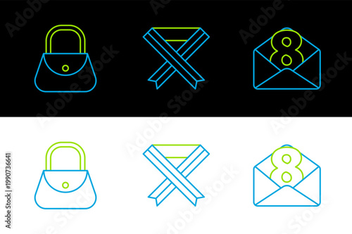 Set line Envelope with 8 March, Handbag and Breast cancer awareness ribbon icon. Vector