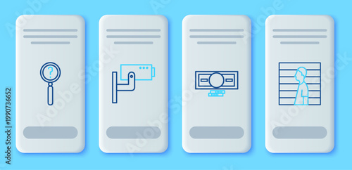 Set line Security camera, Stacks paper money cash, Magnifying glass with search and Suspect criminal icon. Vector