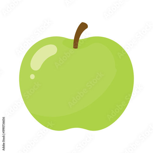 Fresh green apple with a stem is isolated on a white background in a simplistic style
