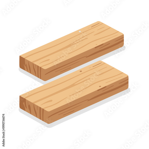 Two simple wooden planks lie on a white surface in an isometric view