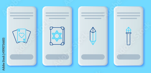 Set line Ancient magic book, Magic stone, Playing cards and staff icon. Vector