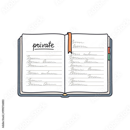 Open notebook labeled private with handwritten lines inside.