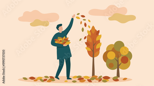 Man enjoying autumn by throwing colorful leaves in a park