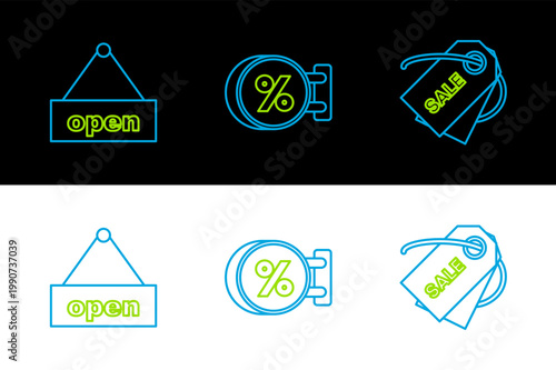Set line Price tag with an inscription Sale, Hanging sign text Open door and Signboard hanging discount percent icon. Vector