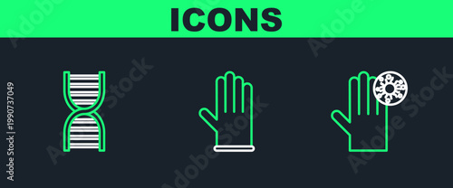 Set line Hand with virus, DNA symbol and Medical rubber gloves icon. Vector