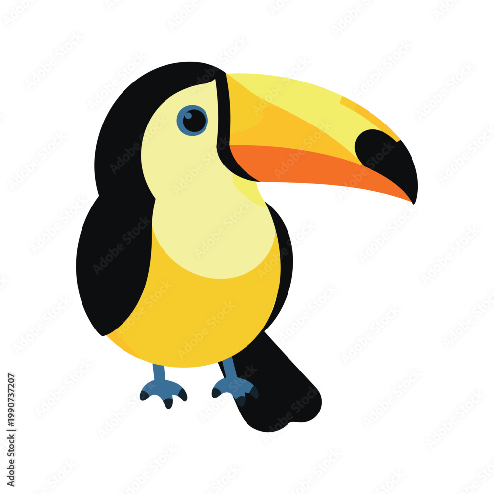 Fototapeta premium Colorful toucan standing on its feet in a cartoon style against white background