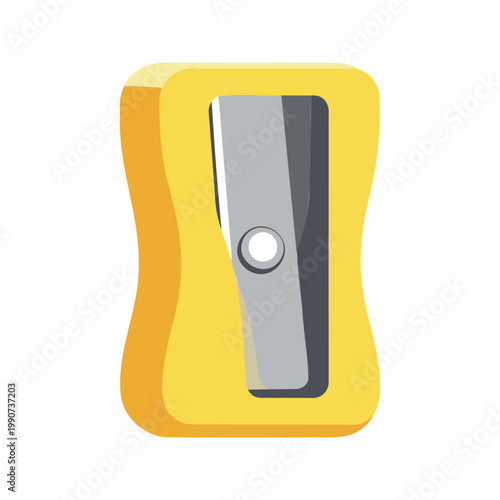Illustration of a yellow pencil sharpener with a silver blade isolated on white backdrop
