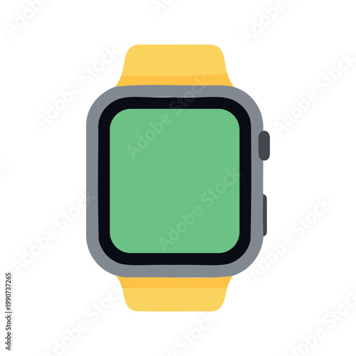 Modern smartwatch with yellow band and a bright green screen on a white background