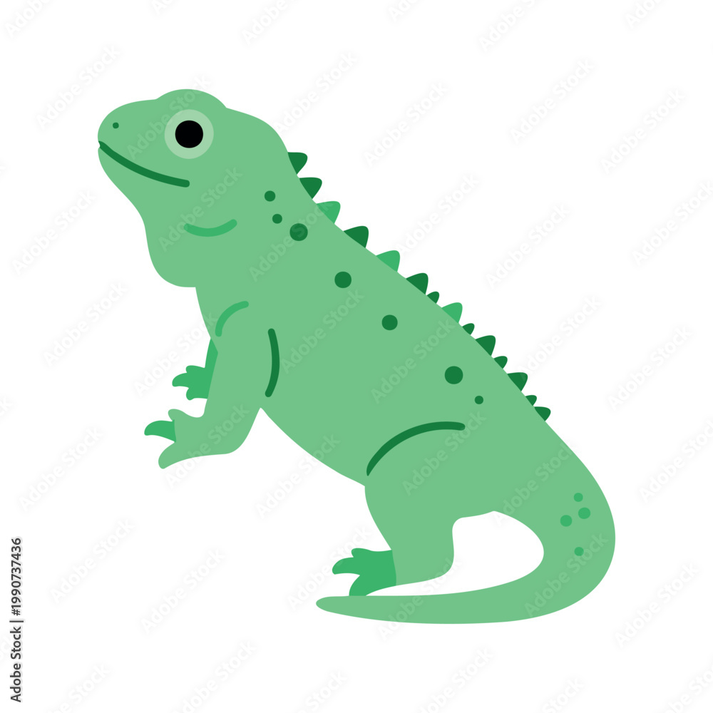 Fototapeta premium Illustration of a cartoon green iguana standing on its hind legs and looking up