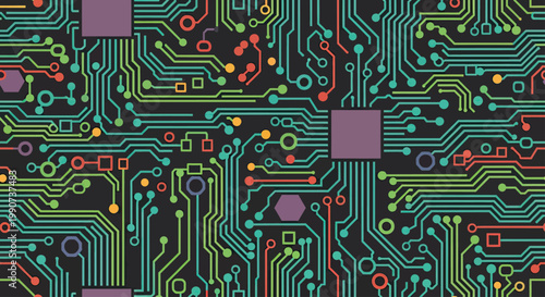Colorful, intricate circuit board pattern with geometric shapes on black